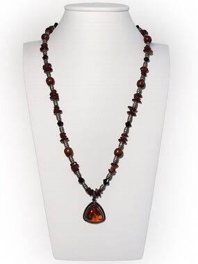 Vintage Amber Pendant Necklace & Bracelet Set Wood Glass